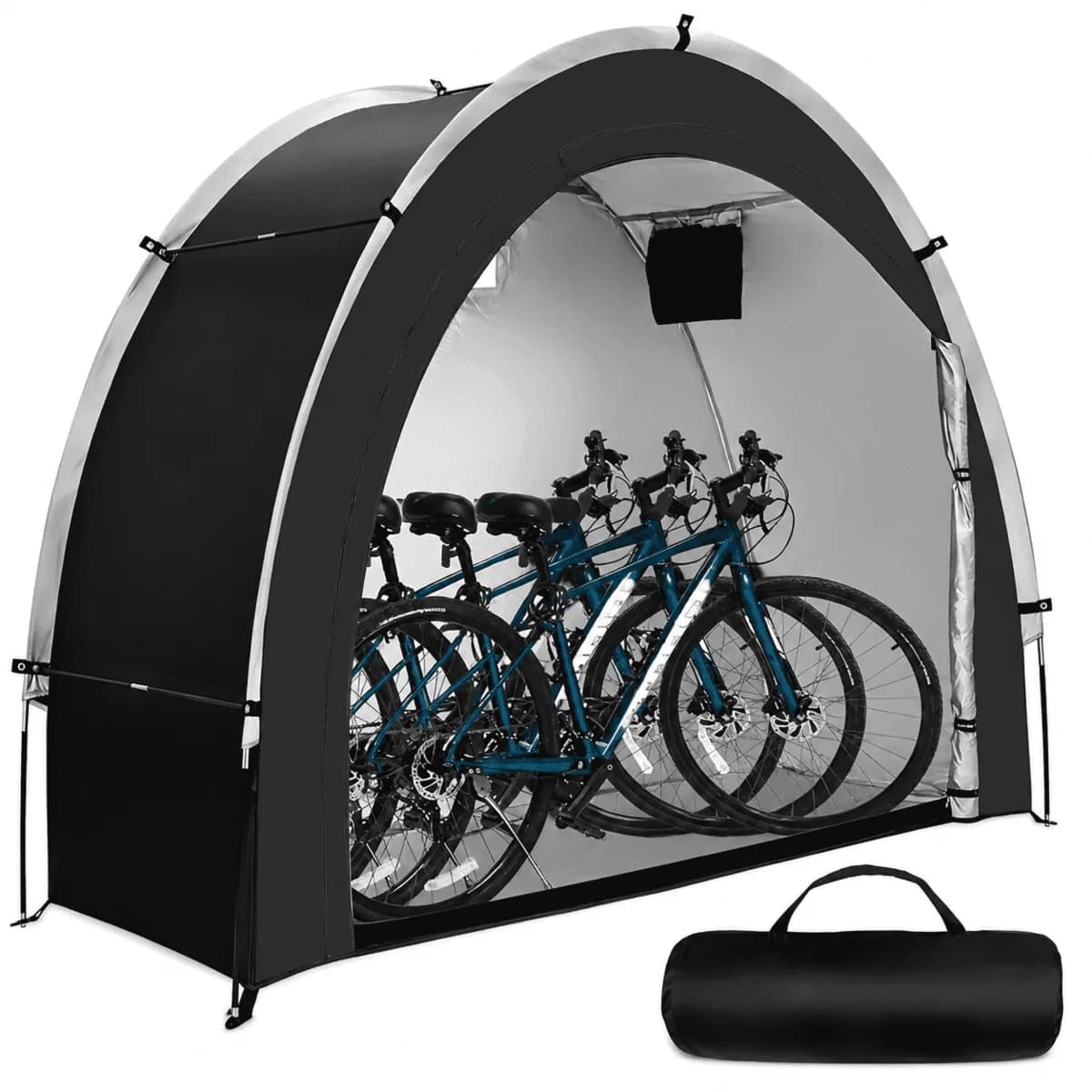 Black bike tent with silver lining holding three bicycles, with its carry bag in front.