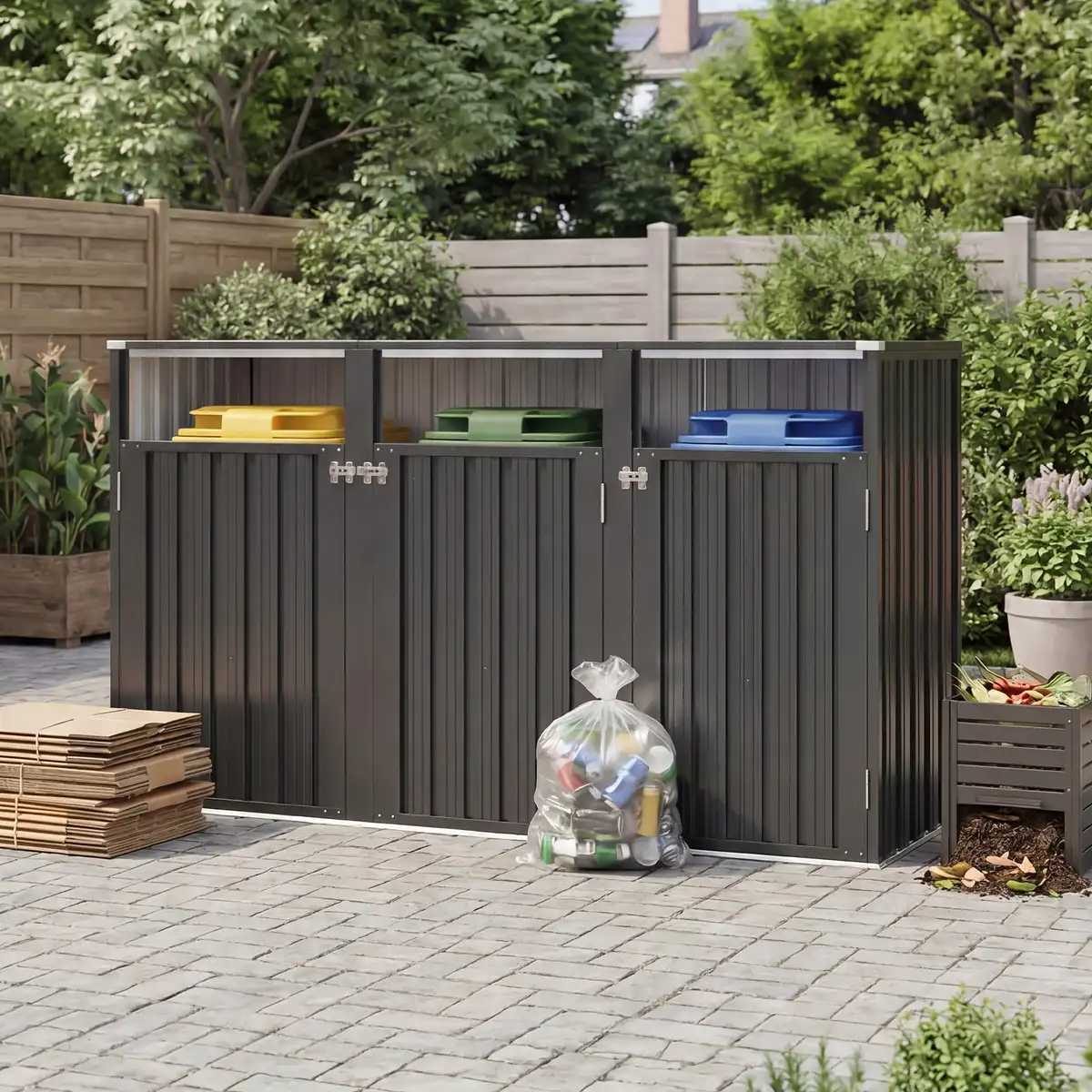 Dark gray metal enclosure for three trash bins on a paved patio.