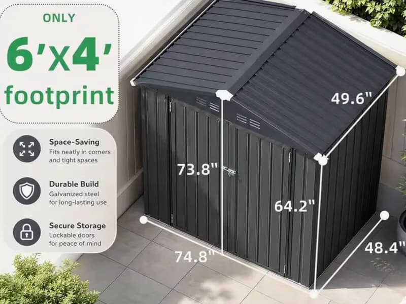 Medium 4x6 ft metal shed with its size marked.