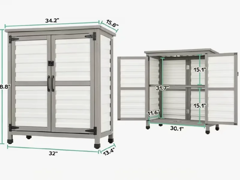 Wooden 32 inch patio cabinet with two doors.
